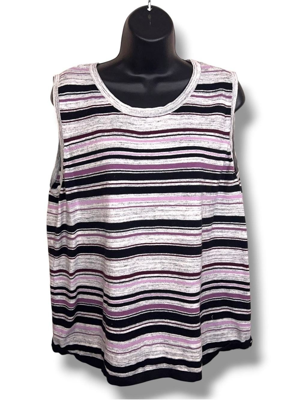 1X CJ Banks Striped Knit Sleeveless Top Purple Grey Black Stretch Plus Cotton
